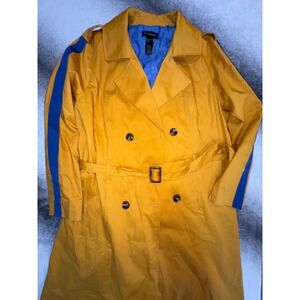 Ashley Stewart Mustard Yellow Trench Coat Blue Stripe Double Breasted Size 14/16
